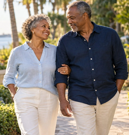 An older couple walking arm in arm along a sunny garden path near the water, smiling at each other